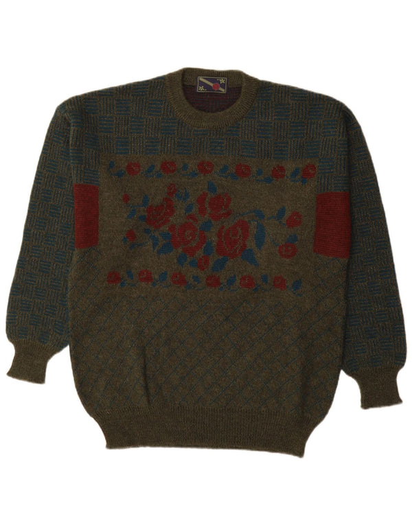 Vintage Mens Crew Neck Jumper Sweater Medium Khaki Floral