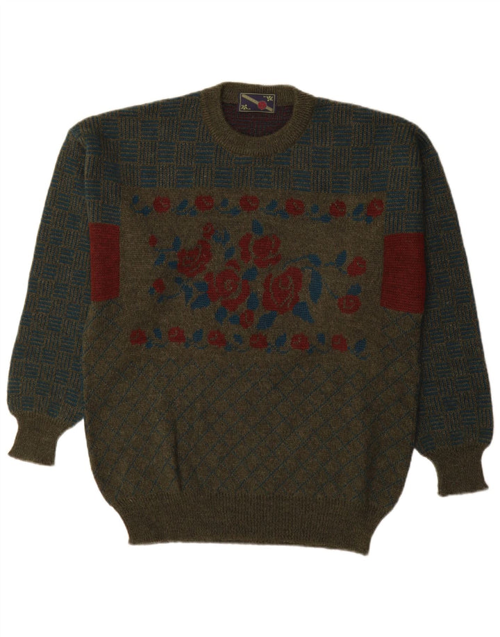 Vintage Mens Crew Neck Jumper Sweater Medium Khaki Floral