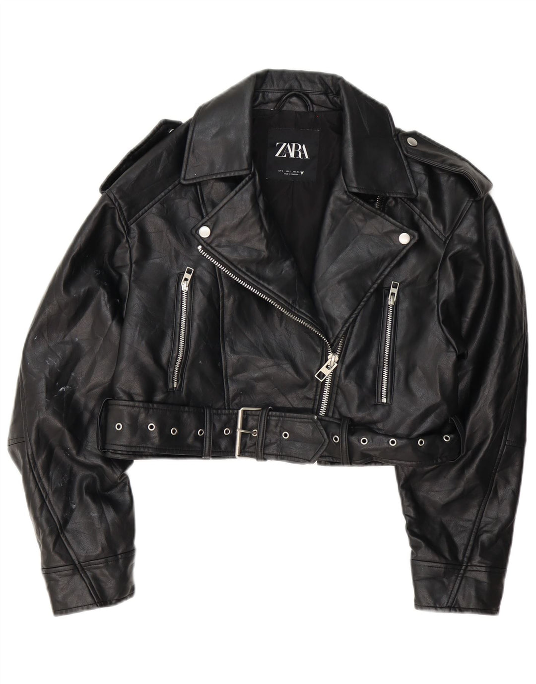 Zara Womens Crop Oversized Faux Leather Biker Jacket UK 10 Small Black