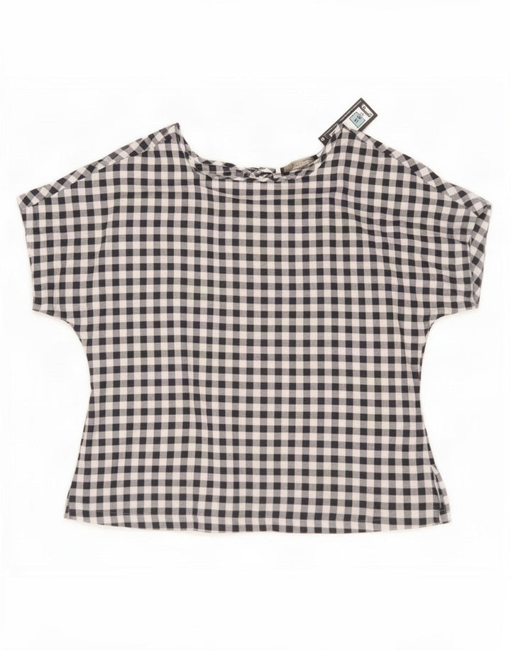 Marks & Spencer Womens Blouse Top UK 14 Large Navy Blue Gingham Cotton