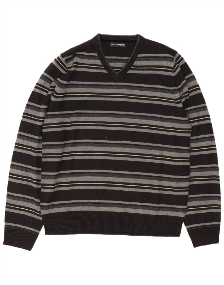 Marks & Spencer Mens Autograph V-Neck Jumper Sweater Medium Black Striped