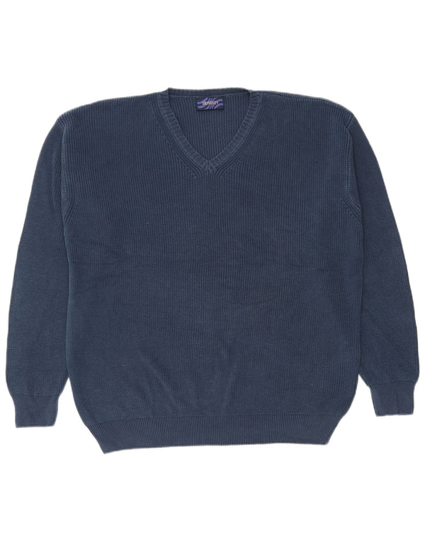 Vintage Mens Loose Fit V-Neck Jumper Sweater IT 50 Medium Navy Blue Cotton