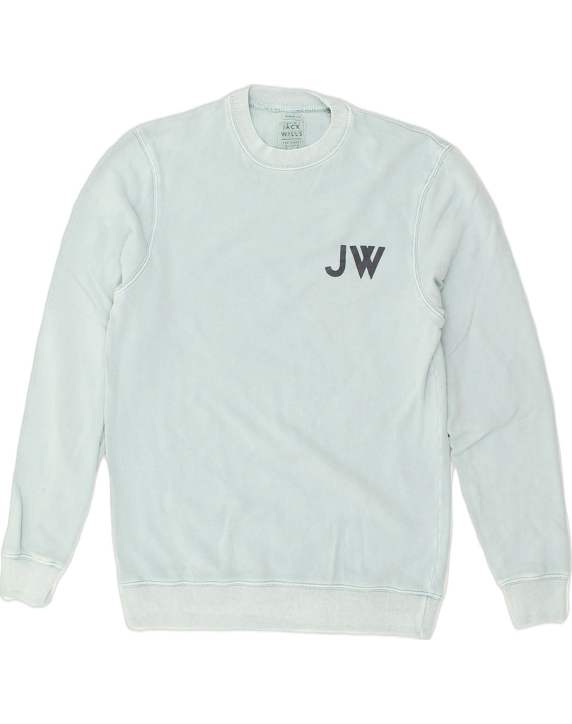 JACK WILLS Mens Garment Dyed Graphic Sweatshirt Jumper Small Blue Cotton | Vintage Jack Wills | Thrift | Second-Hand Jack Wills | Used Clothing | Messina Hembry 