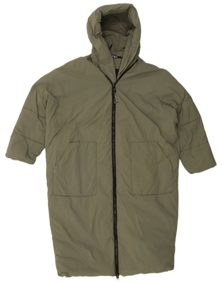 Zara Womens Hooded Oversized Padded Coat UK 10 Small Green Polyamide