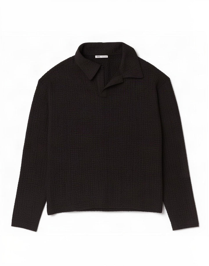 Zara Mens Long Sleeve Polo Shirt Small Black Polyester