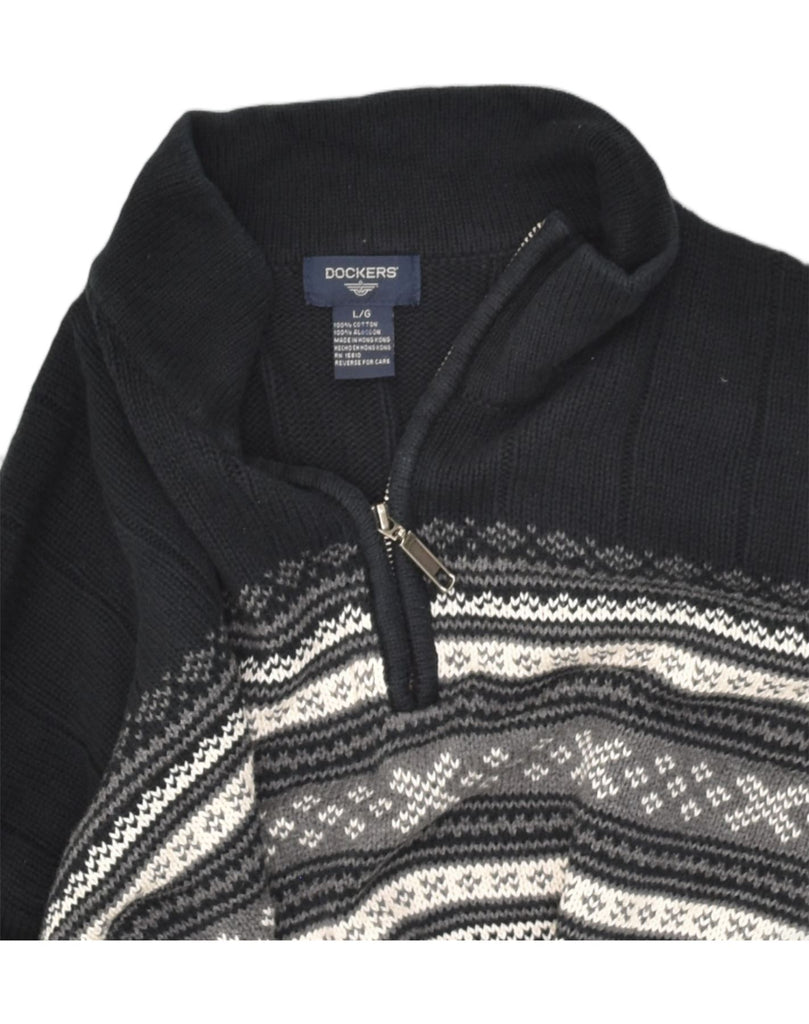 DOCKERS Mens Zip Neck Jumper Sweater Large Black Fair Isle Cotton | Vintage Dockers | Thrift | Second-Hand Dockers | Used Clothing | Messina Hembry 