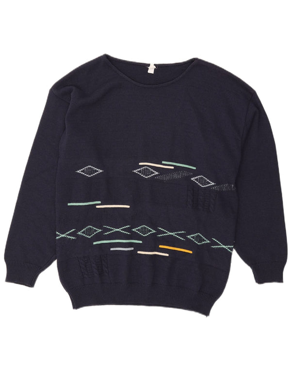 Vintage Mens Boat Neck Jumper Sweater Medium Navy Blue Geometric Cotton