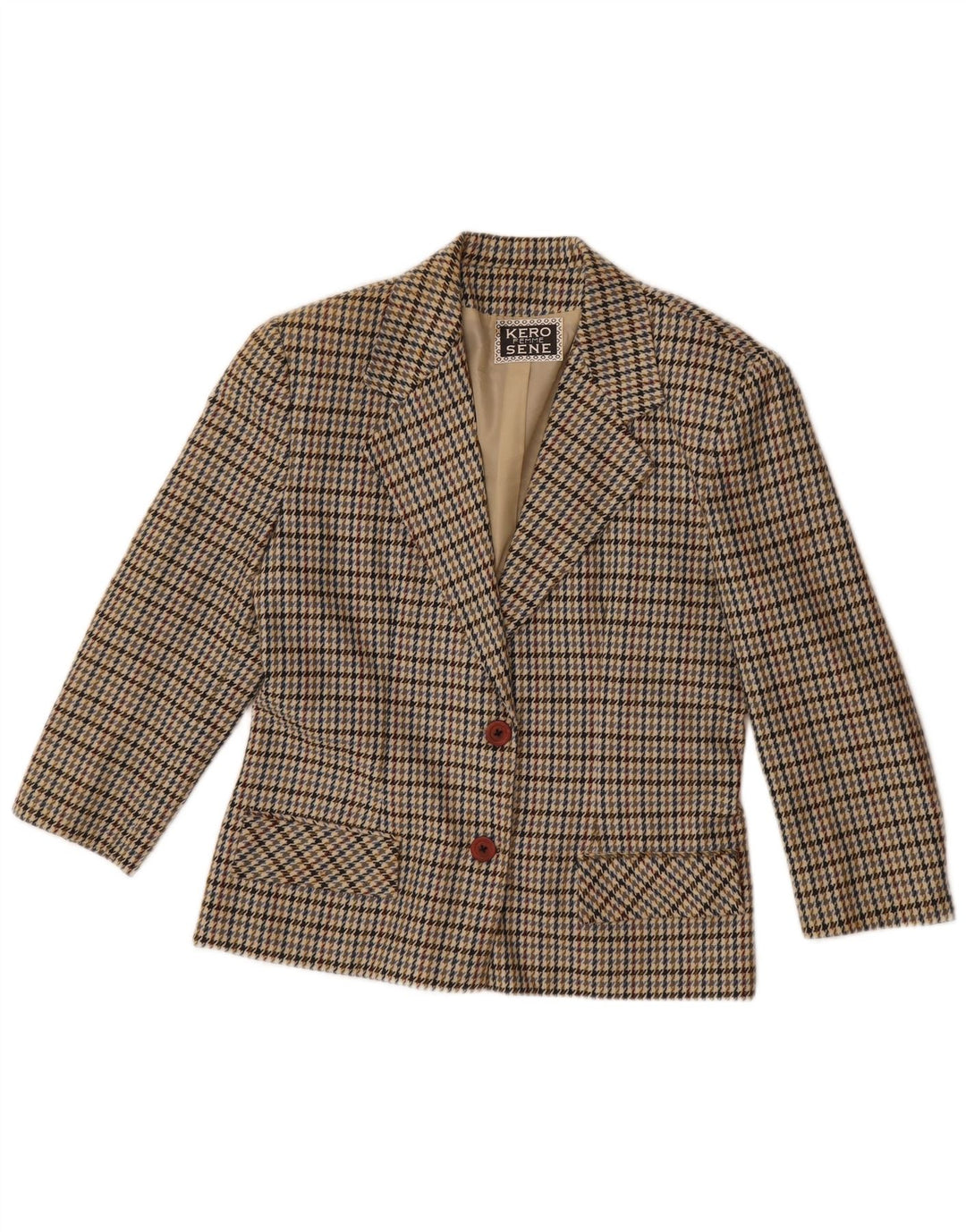 Vintage Womens 2 Button Blazer Jacket UK 14 Large Beige Houndstooth