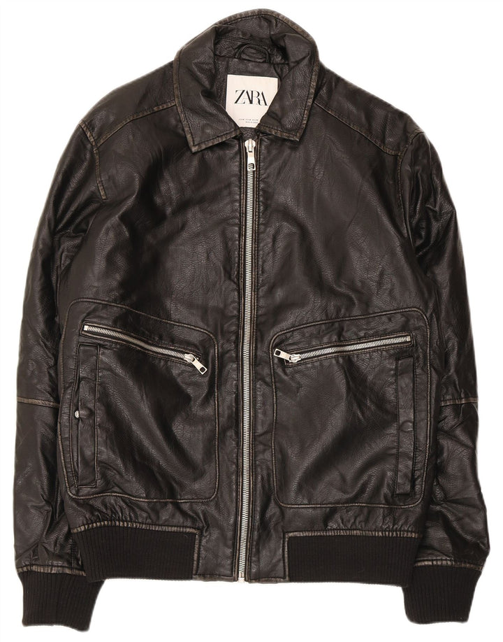 Zara Mens Leather Jacket UK 38 Medium Black Polyurethane