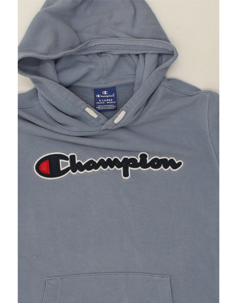 CHAMPION Boys Graphic Hoodie Jumper 13-14 Years XL Blue Cotton | Vintage Champion | Thrift | Second-Hand Champion | Used Clothing | Messina Hembry 