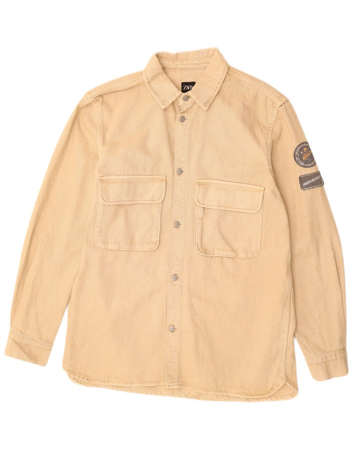 ZARA Mens Relaxed Fit Flannel Shirt Large Beige Cotton