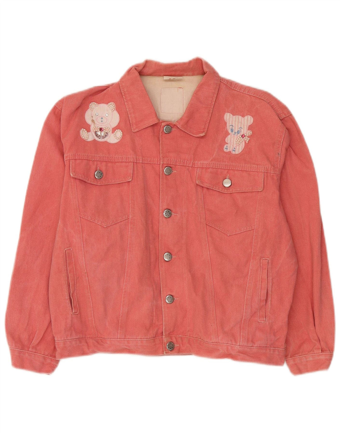 Vintage Womens Teddy Bear Graphic Denim Jacket IT 42 Medium Pink Cotton