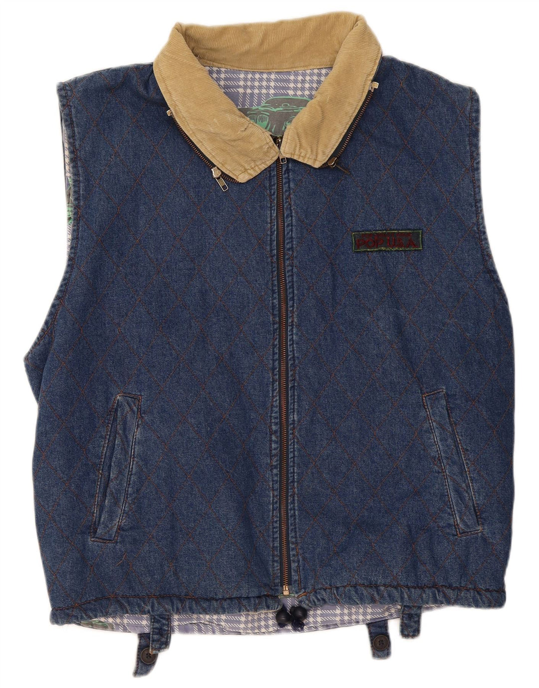 POP 84 Mens Denim Gilet UK 42 XL Blue Geometric