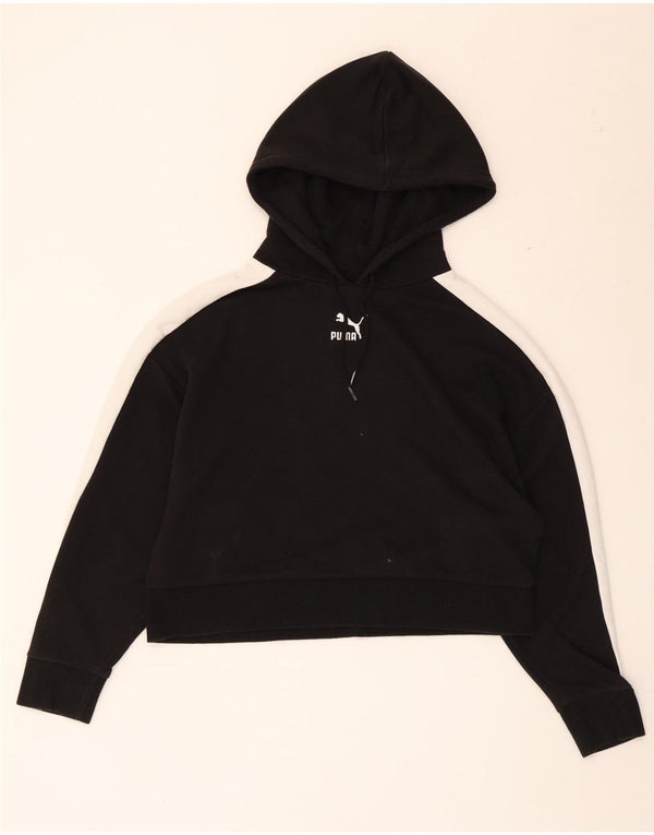 Puma Womens Crop Hoodie Jumper UK 14 Medium Black Colourblock Cotton
