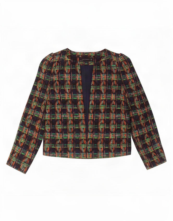 Zara Womens Crop Open Blazer Jacket UK 10 Small Multicoloured Check Cotton