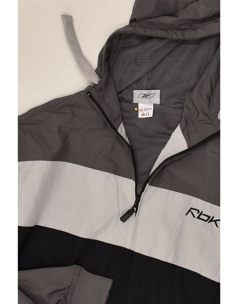 REEBOK Mens Hooded Rain Jacket UK 38 Medium Grey Colourblock Polyester | Vintage Reebok | Thrift | Second-Hand Reebok | Used Clothing | Messina Hembry 