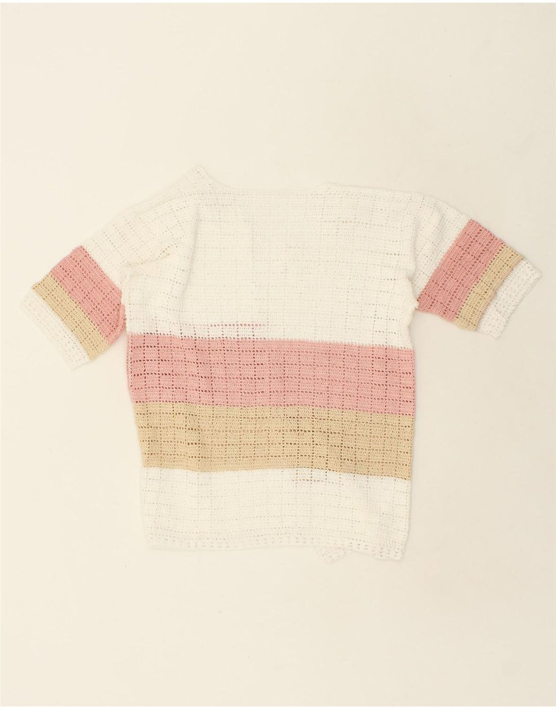 VINTAGE Womens Short Sleeve Crochet Cardigan Sweater UK 12 Medium Beige Vintage Vintage and Second-Hand Vintage from Messina Hembry 