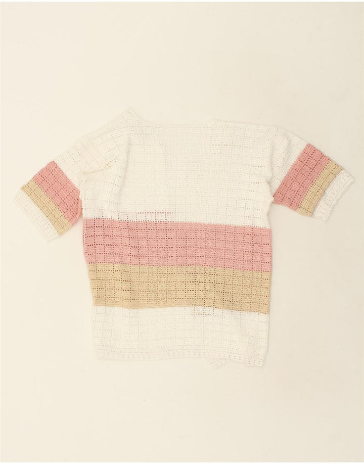 VINTAGE Womens Short Sleeve Crochet Cardigan Sweater UK 12 Medium Beige Vintage Vintage and Second-Hand Vintage from Messina Hembry 