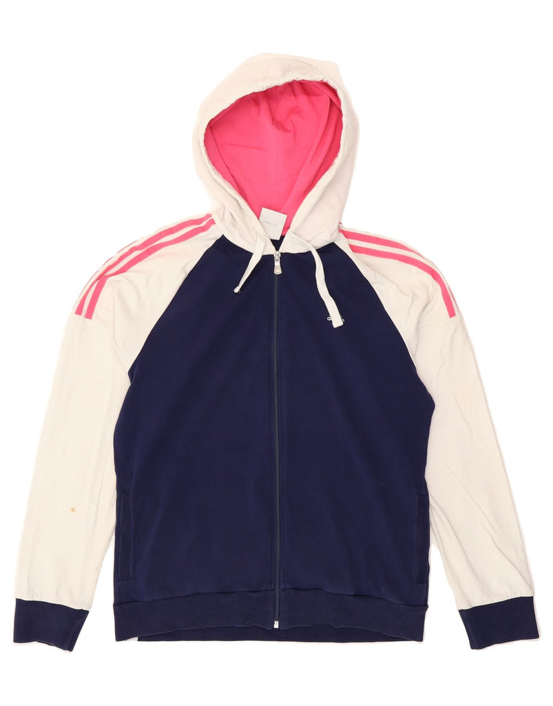 ADIDAS Womens Zip Hoodie Sweater UK 16 Large Navy Blue Colourblock Cotton Vintage Adidas and Second-Hand Adidas from Messina Hembry 