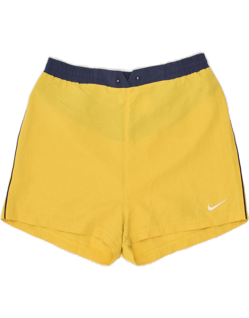 NIKE Womens Graphic Sport Shorts UK 12/14 Large Yellow Colourblock | Vintage Nike | Thrift | Second-Hand Nike | Used Clothing | Messina Hembry 