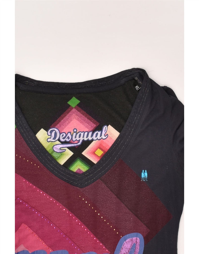 DESIGUAL Womens Graphic Top Long Sleeve UK 6 XS Navy Blue Geometric | Vintage Desigual | Thrift | Second-Hand Desigual | Used Clothing | Messina Hembry 