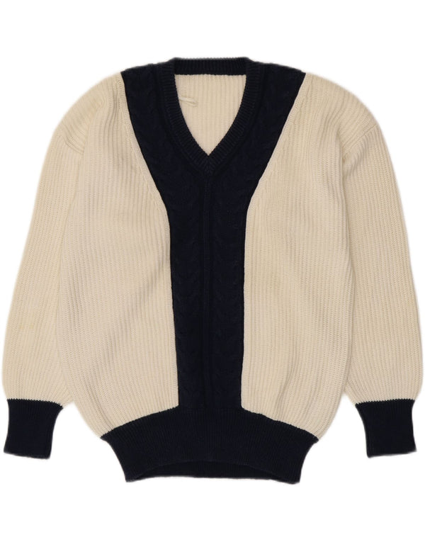 VINTAGE Womens V-Neck Jumper Sweater UK 16 Large White Colourblock