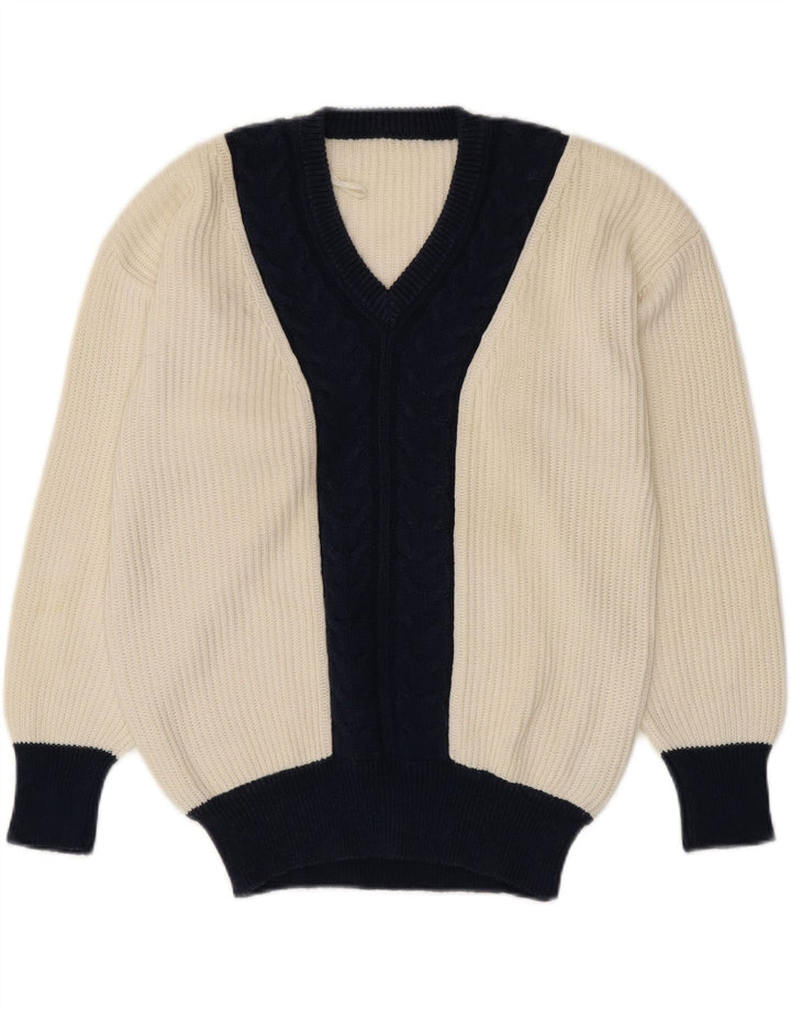 VINTAGE Womens V-Neck Jumper Sweater UK 16 Large White Colourblock