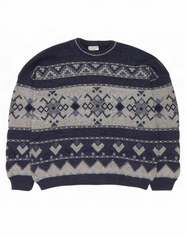 Vintage Mens Crew Neck Jumper Sweater UK 42/44 Large Navy Blue Fair Isle