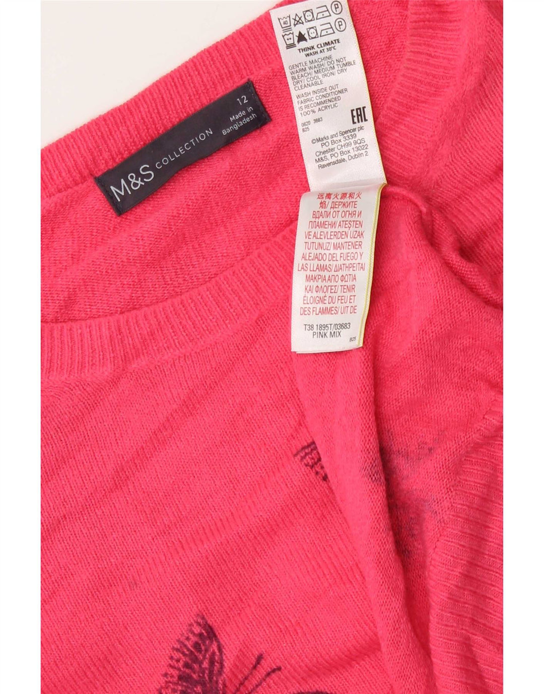 Marks & Spencer Womens Crew Neck Jumper Sweater UK 12 Medium Pink Butterfly