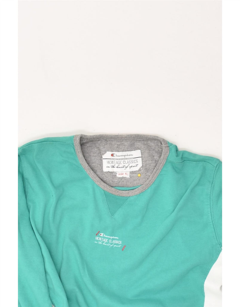 CHAMPION Womens Top Long Sleeve UK 14 Large Turquoise Colourblock Cotton | Vintage Champion | Thrift | Second-Hand Champion | Used Clothing | Messina Hembry 