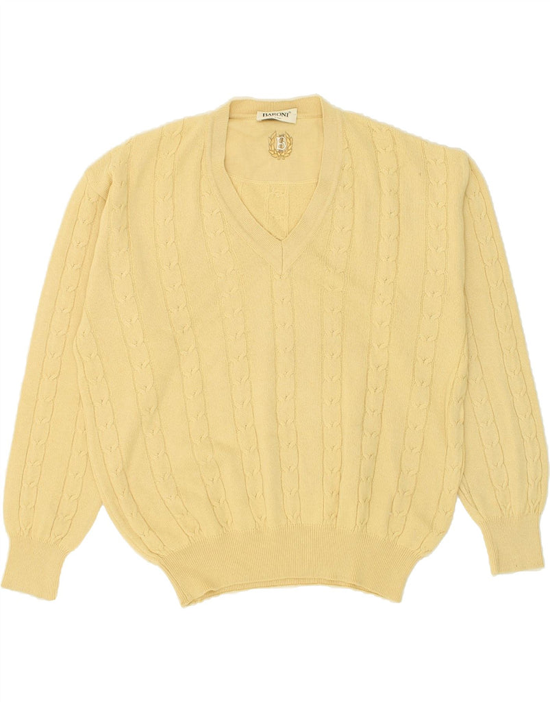 BARONI Mens V-Neck Jumper Sweater IT 50 Medium Yellow Wool | Vintage Baroni | Thrift | Second-Hand Baroni | Used Clothing | Messina Hembry 