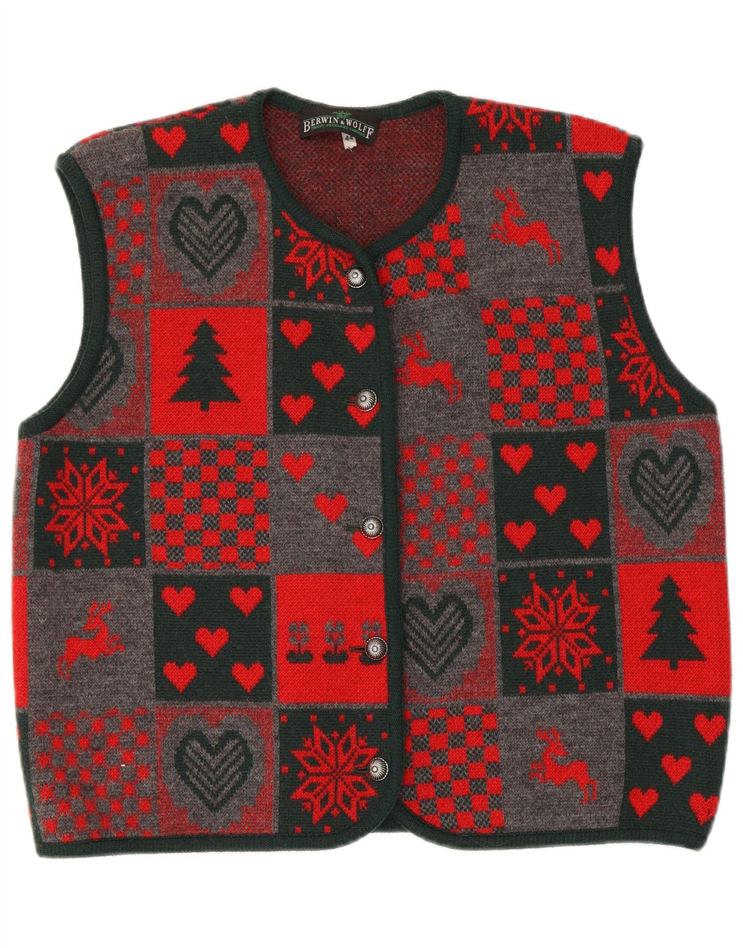 Berwin & Wolff Womens Knit Waistcoat EU 44 XL Red Patchwork New Wool