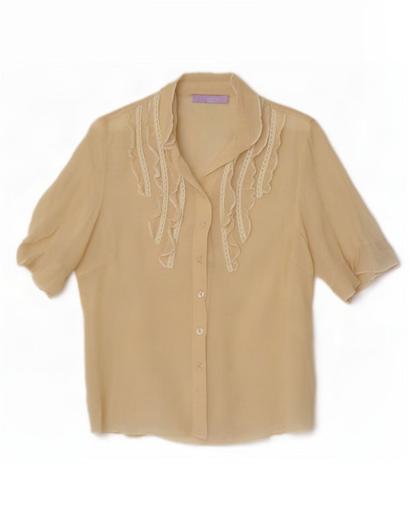 Vintage Womens Short Sleeve Ruffle Front Shirt UK 12 Medium Beige
