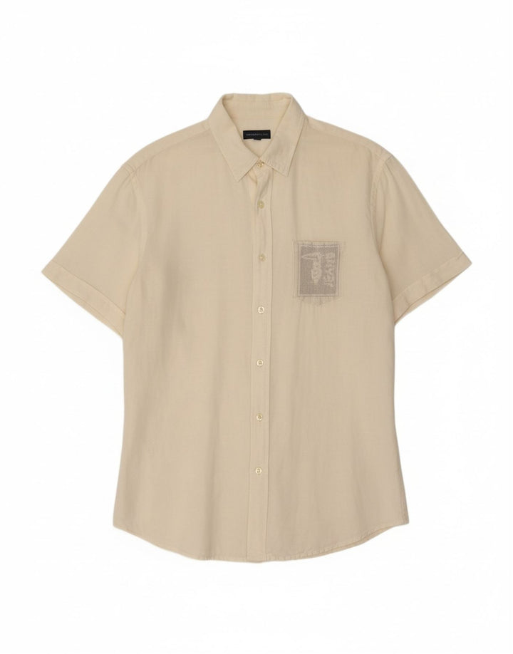 TRUSSARDI JEANS Mens Short Sleeve Shirt Large Off White Linen