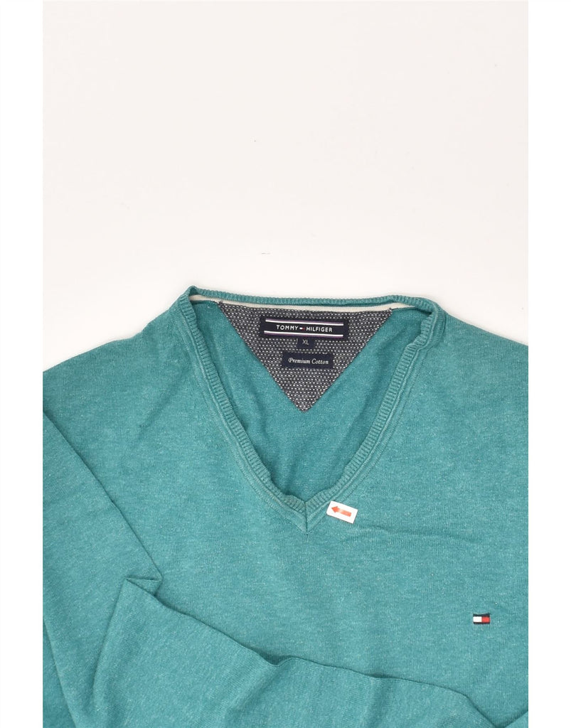 TOMMY HILFIGER Mens V-Neck Jumper Sweater XL Turquoise Cotton | Vintage Tommy Hilfiger | Thrift | Second-Hand Tommy Hilfiger | Used Clothing | Messina Hembry 