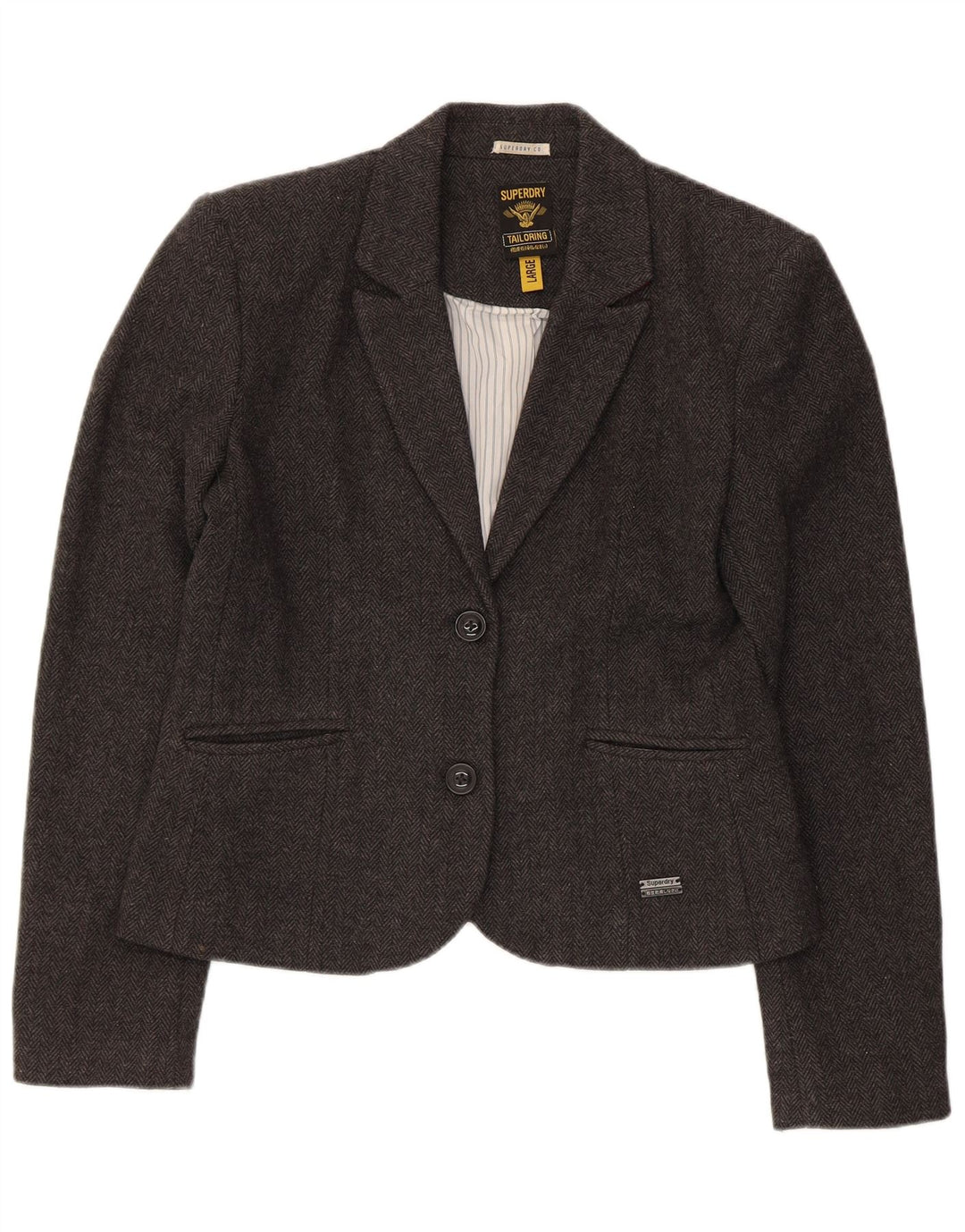 Superdry Womens 2 Button Blazer Jacket UK 14 Large Grey Herringbone Wool
