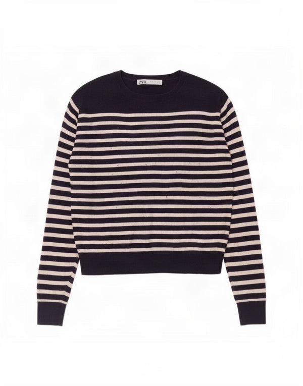 Zara Womens Crop Boat Neck Jumper Sweater UK 14 Medium Navy Blue Striped
