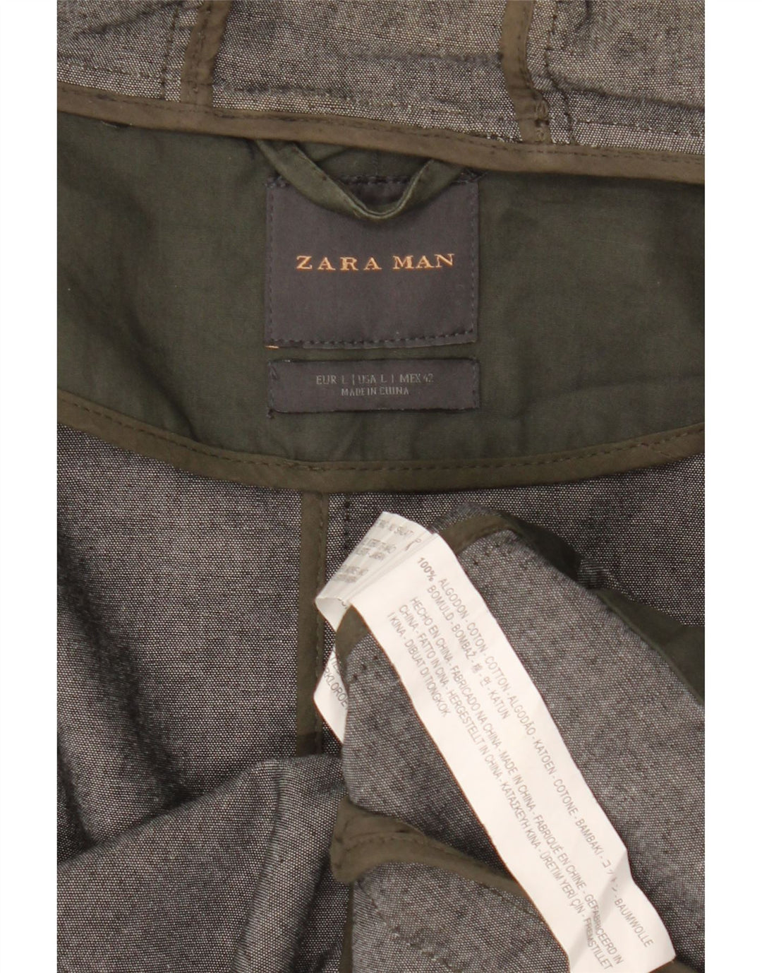 Zara Mens Hooded Parka Jacket UK 40 Large Khaki Cotton