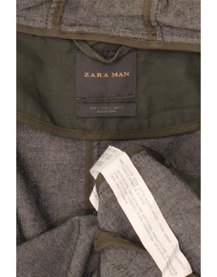 Zara Mens Hooded Parka Jacket UK 40 Large Khaki Cotton