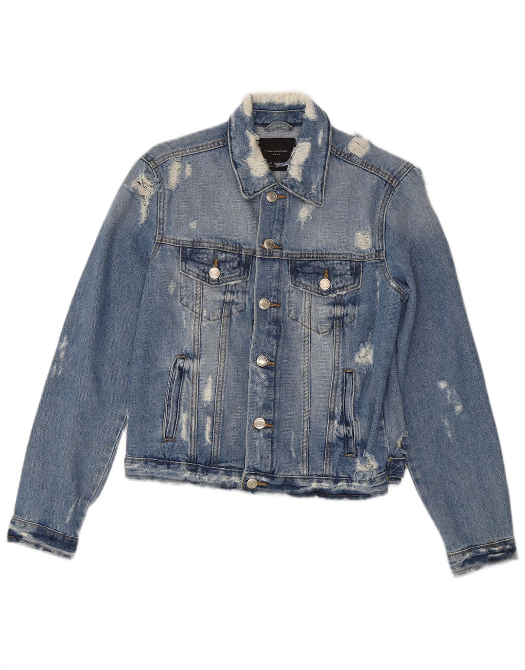 Zara Womens Crop Distressed Denim Jacket UK 12 Medium Blue Cotton