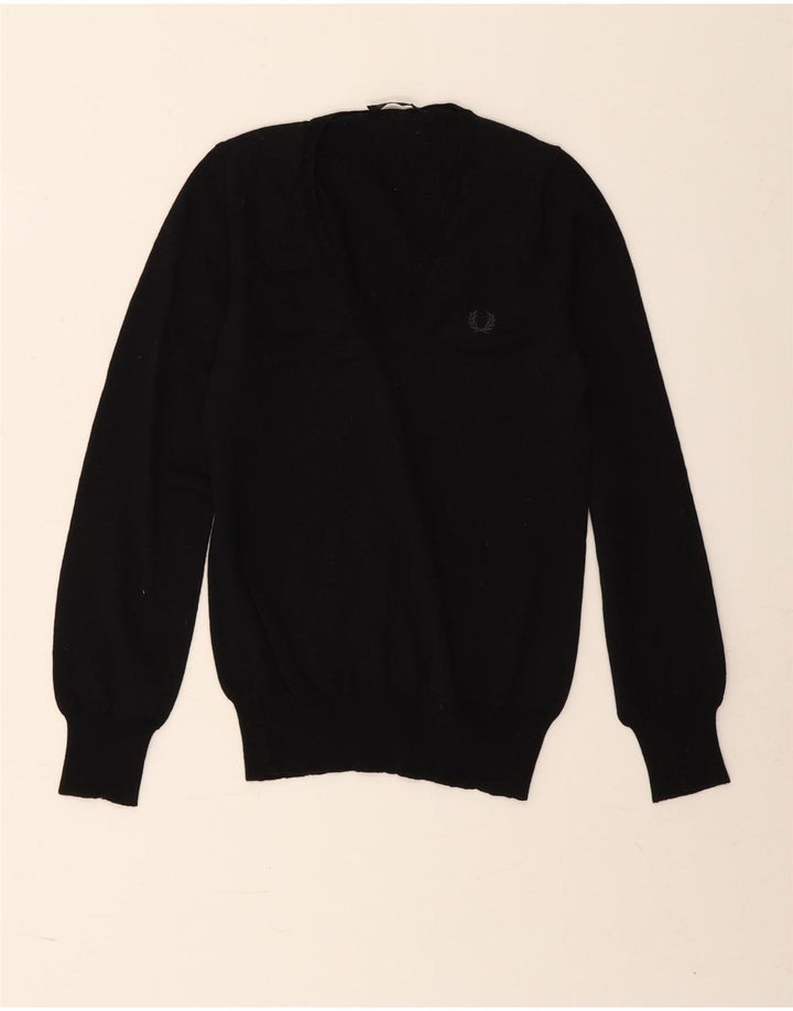 Fred Perry Womens V-Neck Jumper Sweater UK 8 Small Black Merino Wool