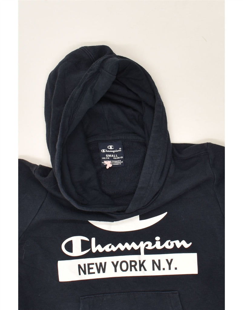 CHAMPION Boys Graphic Hoodie Jumper 7-8 Years Small Navy Blue Cotton | Vintage Champion | Thrift | Second-Hand Champion | Used Clothing | Messina Hembry 