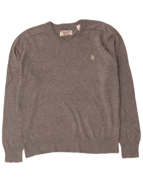 Penguin Mens V-Neck Jumper Sweater Large Grey