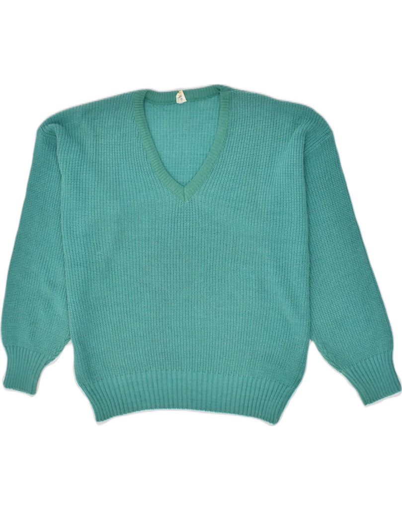 VINTAGE Womens V-Neck Jumper Sweater UK 10 Small Turquoise Cotton | Vintage Vintage | Thrift | Second-Hand Vintage | Used Clothing | Messina Hembry 