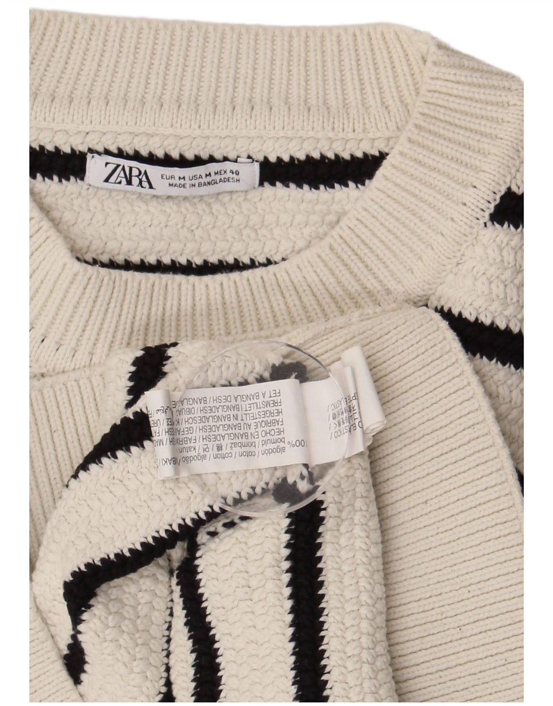 Zara Mens Crew Neck Jumper Sweater Medium White Striped Cotton