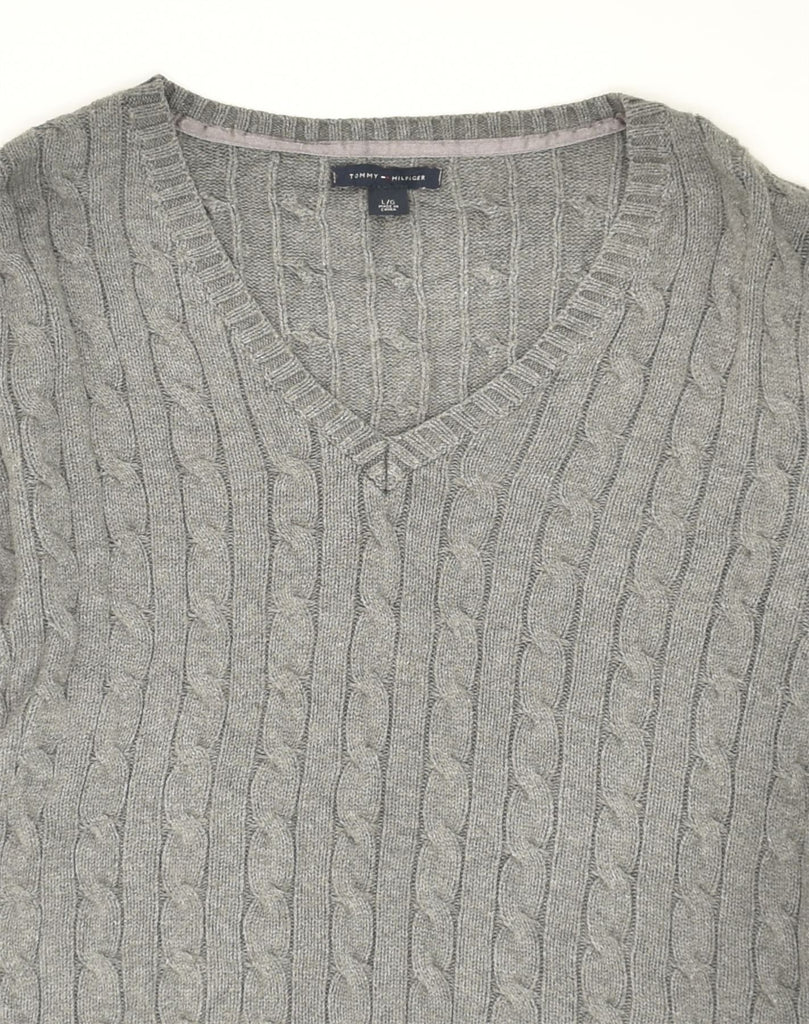 TOMMY HILFIGER Womens V-Neck Jumper Sweater UK 14 Large Grey Cotton | Vintage Tommy Hilfiger | Thrift | Second-Hand Tommy Hilfiger | Used Clothing | Messina Hembry 