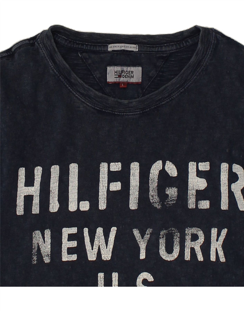 TOMMY HILFIGER Mens Graphic T-Shirt Top Large Navy Blue Cotton | Vintage Tommy Hilfiger | Thrift | Second-Hand Tommy Hilfiger | Used Clothing | Messina Hembry 