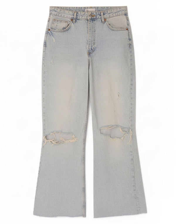 Zara Womens Distressed High Waist Wide Leg Jeans EU 42 Large W32 L31 Blue