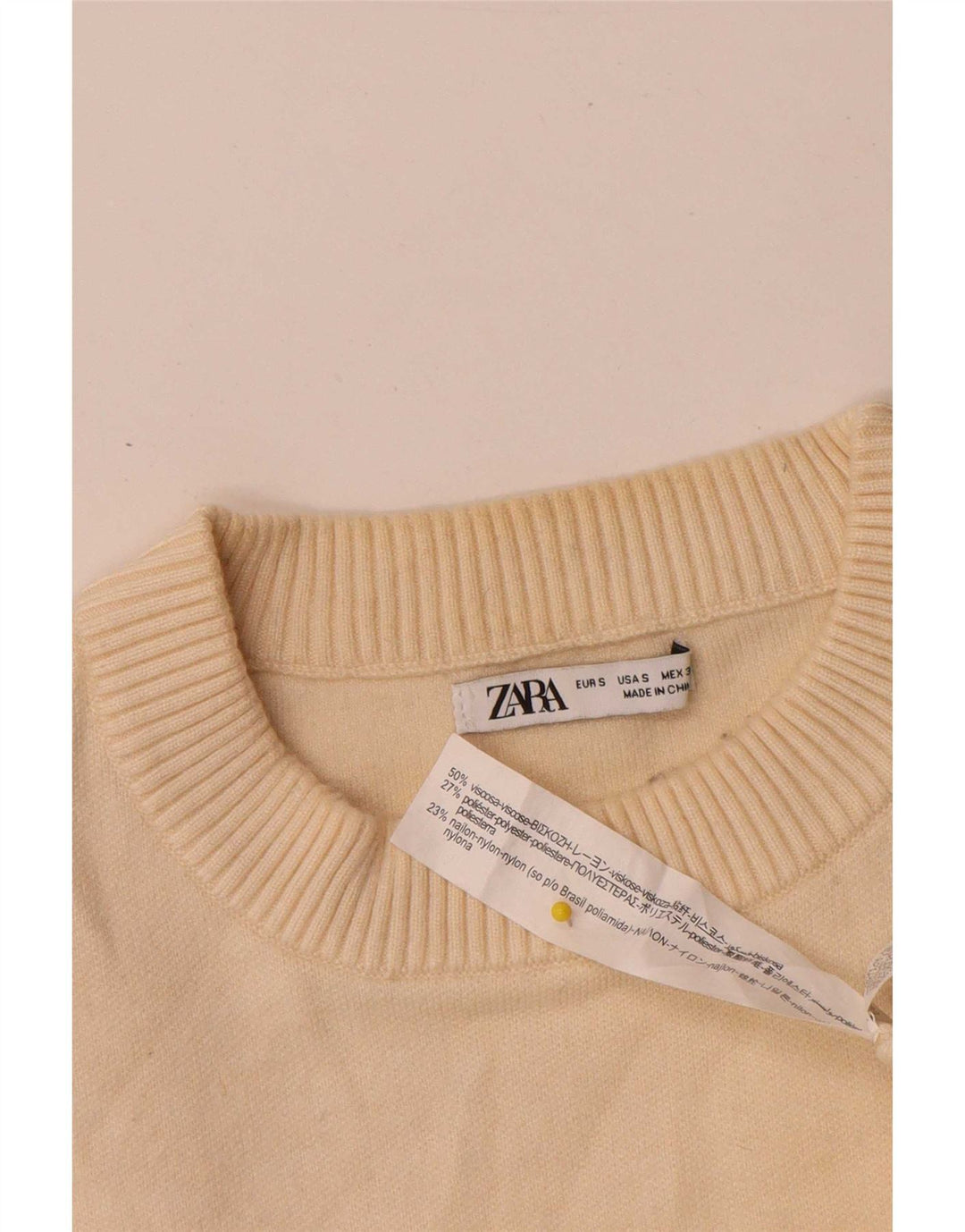 Zara Mens Crew Neck Jumper Sweater Small Beige Viscose