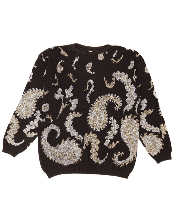 Vintage Womens Boat Neck Jumper Sweater UK 14 Large Black Paisley Retro